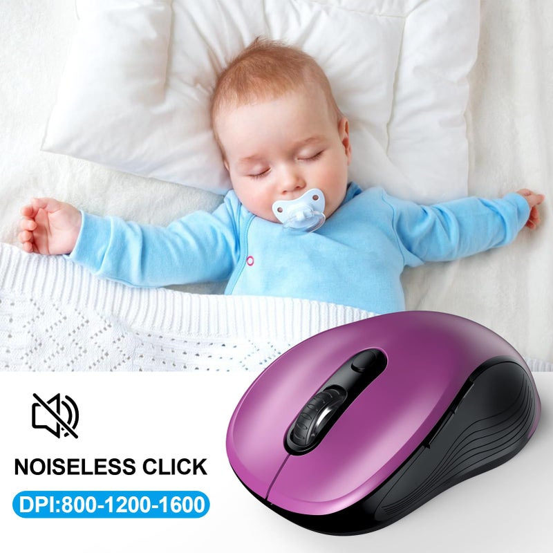 WisFox 2.4G Wireless Mouse for Laptop, Ergonomic Computer Mouse with USB Receiver and Type-C Adapter, 3 Adjustable Levels, 6 Button Cordless Wireless Mice for Windows Mac PC Notebook (Purple) - Image 3